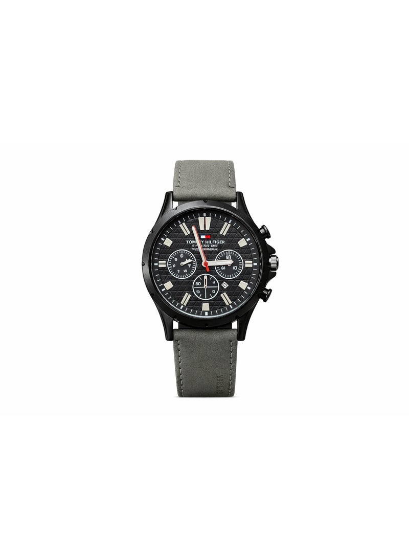 Tommy Hilfiger Men’s Chronograph Watch with Black Dial & Grey Leather Strap